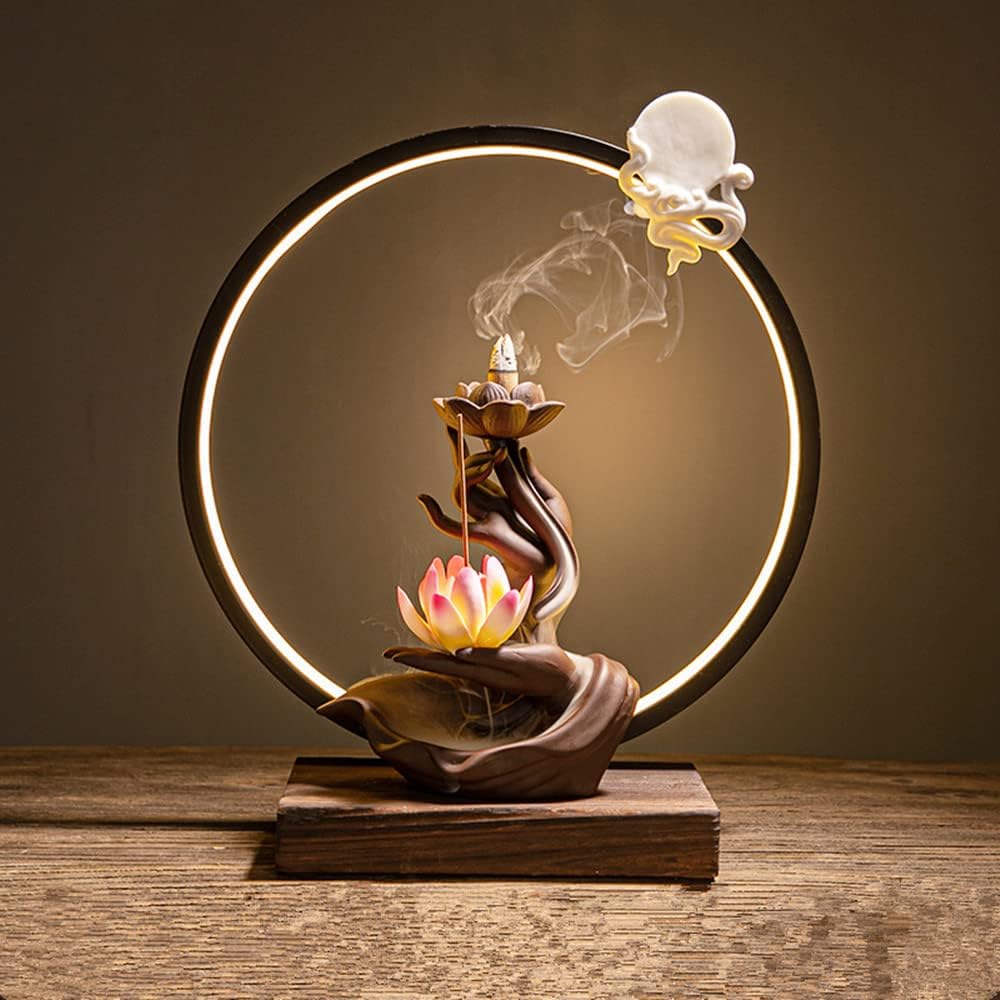 Ceramic Lotus Incense Burner Waterfall Chinese Backflow Incense Sticks Burner Holder with LED Light Incense Cones for Home Office Decor (Pink Lotus)